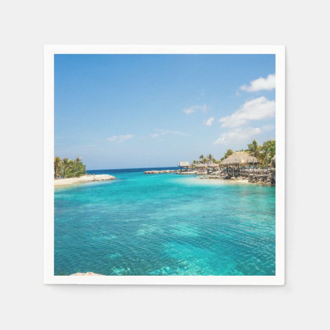 Scenic Tropical Beach with Thatched Huts Photo Napkin (Front)
