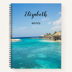 Scenic Tropical Beach with Thatched Huts Photo Notebook