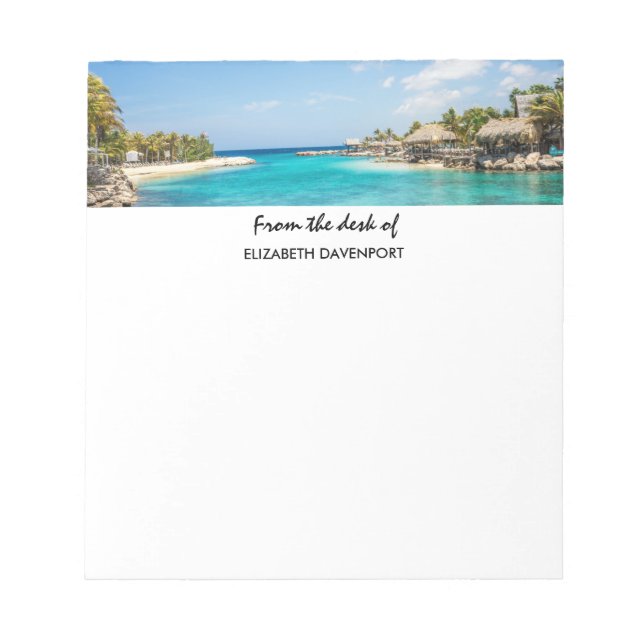 Scenic Tropical Beach with Thatched Huts Photo Notepad (Front)