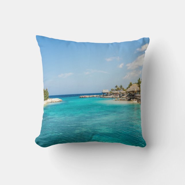 Scenic Tropical Beach with Thatched Huts Photo Throw Pillow (Front)