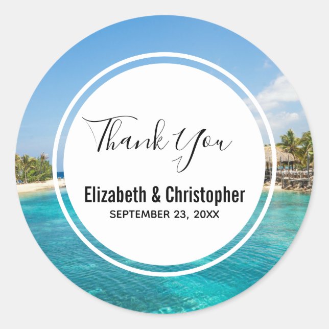 Scenic Tropical Beach with Thatched Huts Wedding Classic Round Sticker (Front)