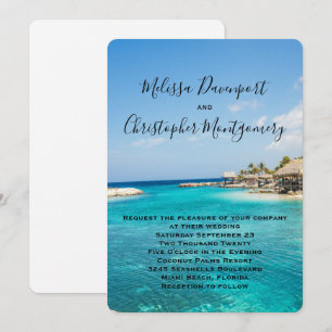 Scenic Tropical Beach with Thatched Huts Wedding Invitation