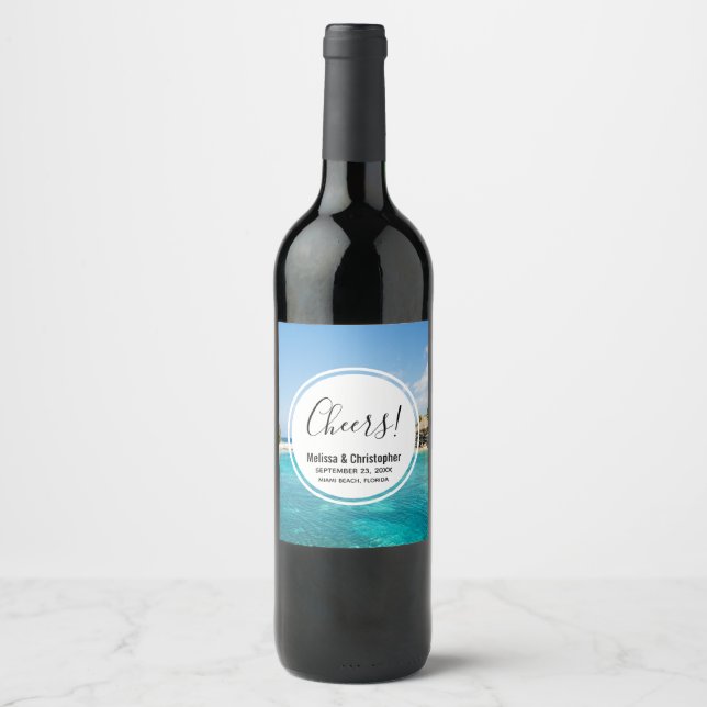 Scenic Tropical Beach with Thatched Huts Wedding Wine Label (Front)