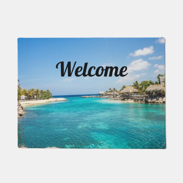 Scenic Tropical Beach with Thatched Huts Welcome Doormat (Front)