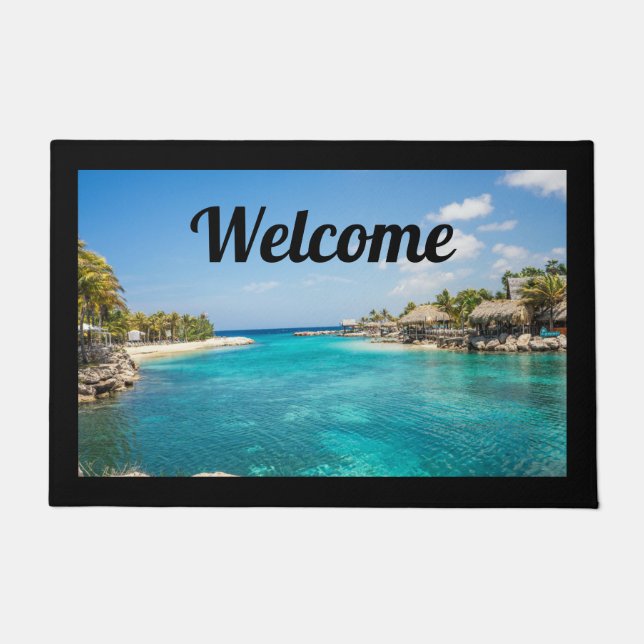 Scenic Tropical Beach with Thatched Huts Welcome Doormat (Front)
