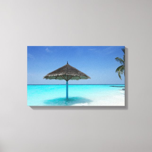 Scenic Tropical Beach with Thatched Umbrella Canvas Print (Front)