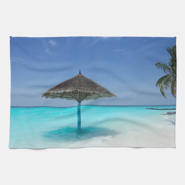 Scenic Tropical Beach with Thatched Umbrella Kitchen Towel (Horizontal)