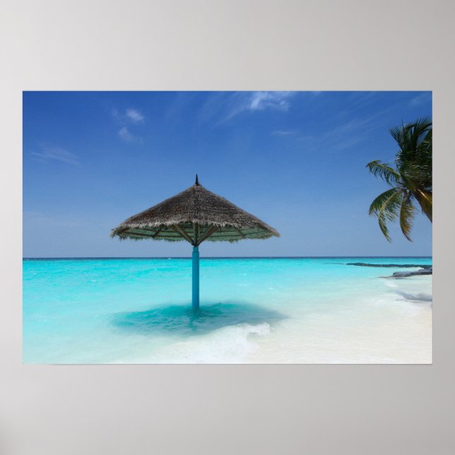 Scenic Tropical Beach with Thatched Umbrella Poster (Front)