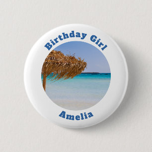 Scenic Tropical Beach with Umbrella Birthday Girl 2 Inch Round Button