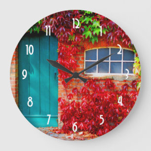 Scenic Turquoise Door with Vivid Autumn Leaves Large Clock