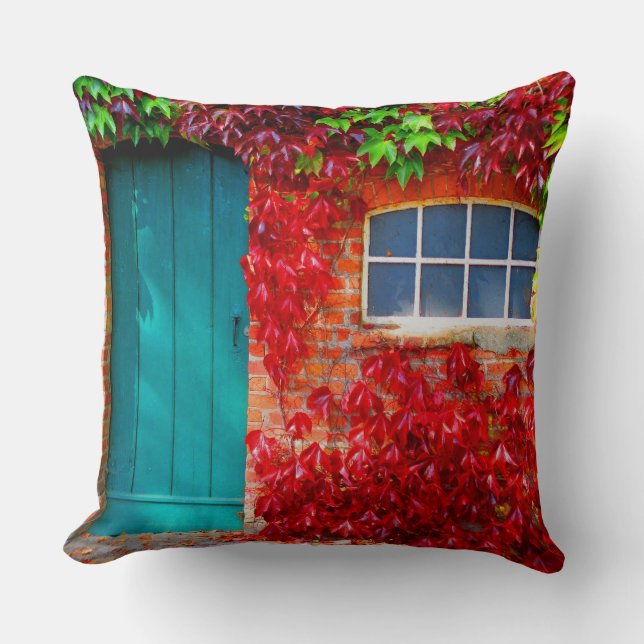 Scenic Turquoise Door with Vivid Autumn Leaves Throw Pillow (Front)