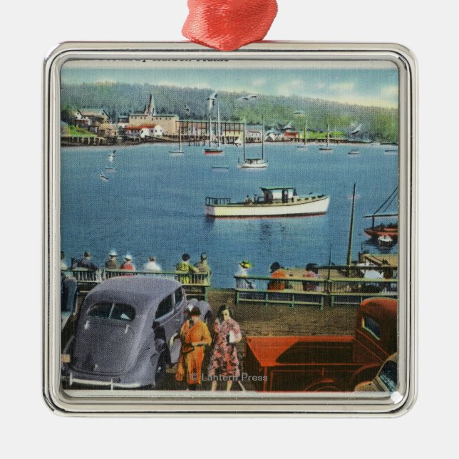 Scenic View from the Wharf, Boats and Cars Metal Ornament (Front)