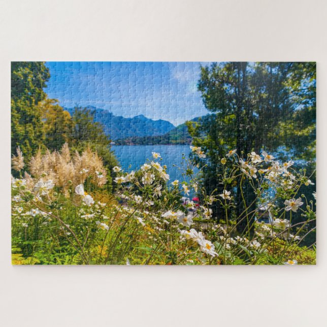 Scenic view of Lake Como through flowers, Italy Jigsaw Puzzle (Horizontal)