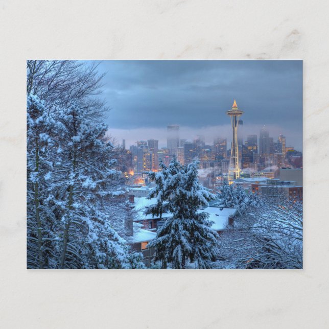 Scenic View of Snowy Seattle Holiday Postcard (Front)