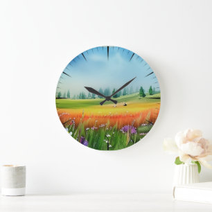 Scenic Watercolor Meadow   Large Clock