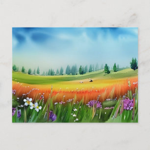 Scenic Watercolor Meadow Postcard