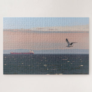 Scenic waterscape with flyin' seagull, Canada Jigsaw Puzzle