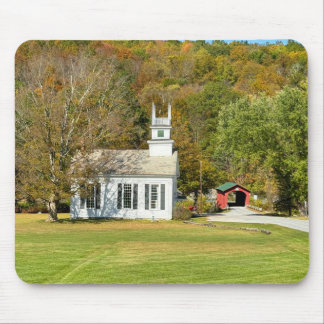 Scenic white church and covered bridge mouse pad