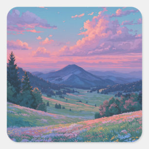 Scenic Wildflower Valley and Mountain Peak Square Sticker