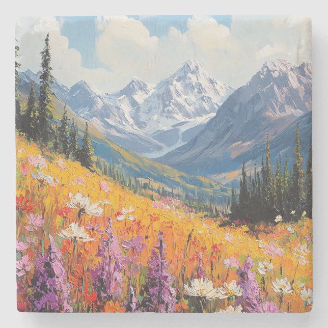Scenic Wildflowers and Mountains Fine Art Stone Coaster (Front)