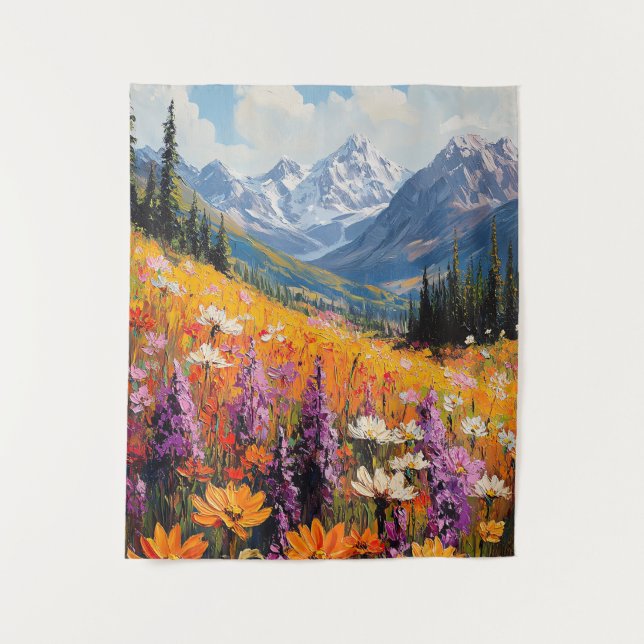 Scenic Wildflowers and Mountains Fine Art Tapestry (Front)