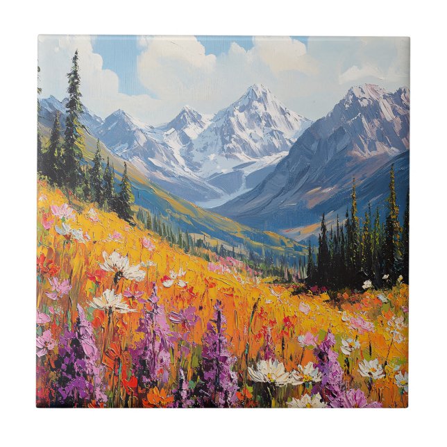 Scenic Wildflowers and Mountains Fine Art Tile (Front)