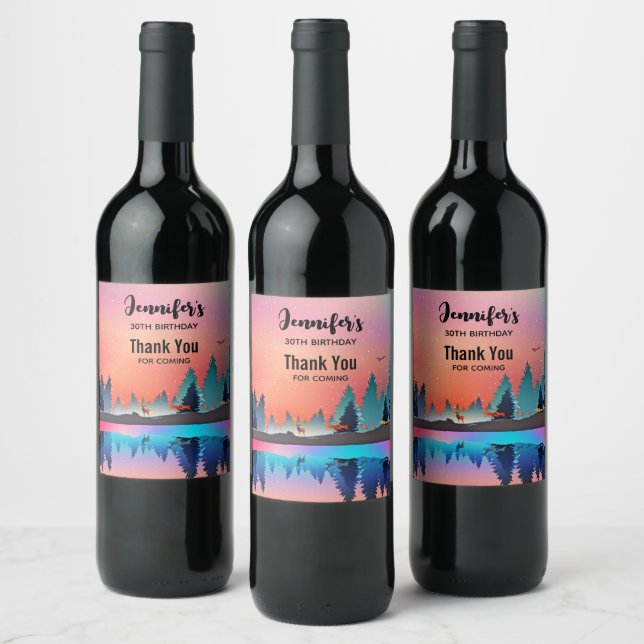 Scenic Winter Lake with Deer Birthday Wine Label (Bottles)