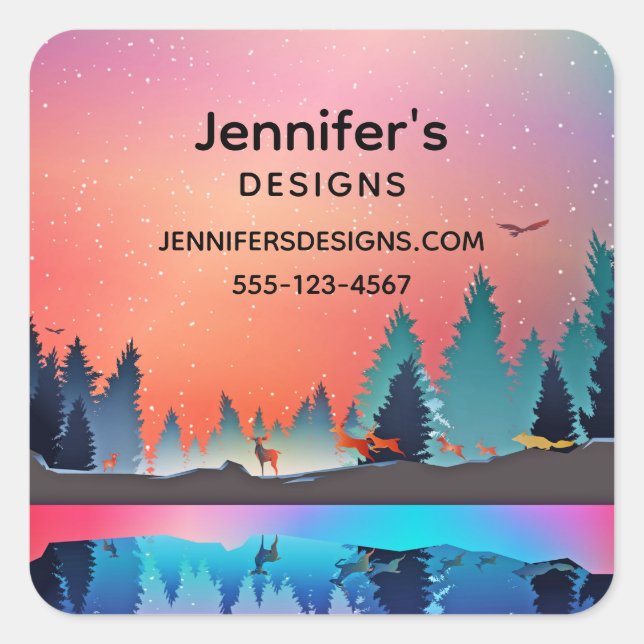 Scenic Winter Lake with Deer Business Square Sticker (Front)