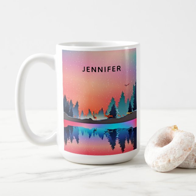 Scenic Winter Lake with Deer Coffee Mug (With Donut)