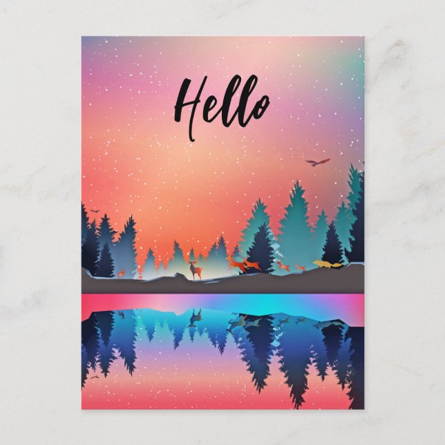 Scenic Winter Lake with Deer Hello Postcard (Front)