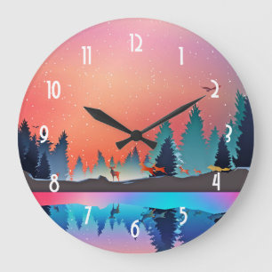 Scenic Winter Lake with Deer Large Clock