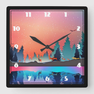 Scenic Winter Lake with Deer Square Wall Clock