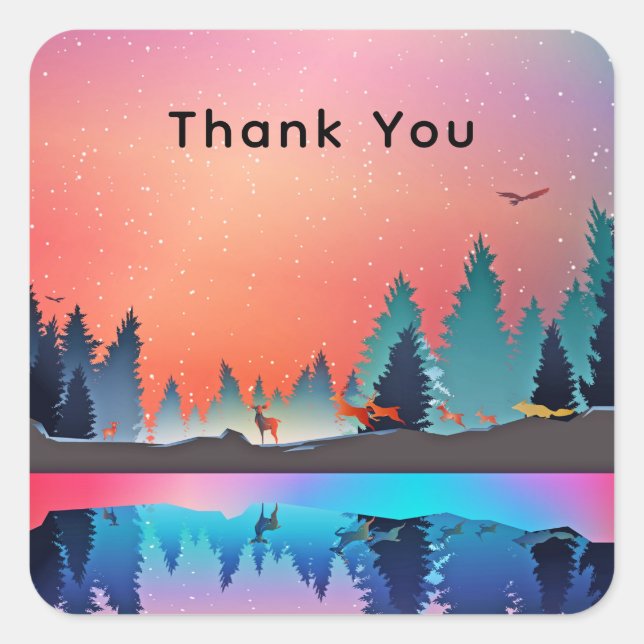 Scenic Winter Lake with Deer Thank You Square Sticker (Front)