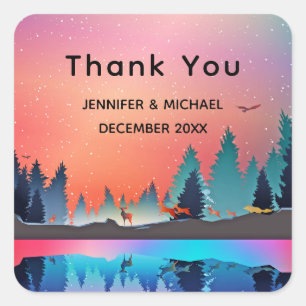  Scenic Winter Lake with Deer Thank You Square Sticker