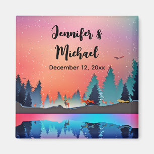 Scenic Winter Lake with Deer Wedding Magnet