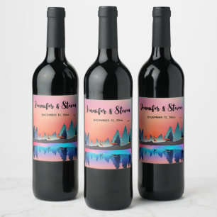 Scenic Winter Lake with Deer Wedding Wine Label
