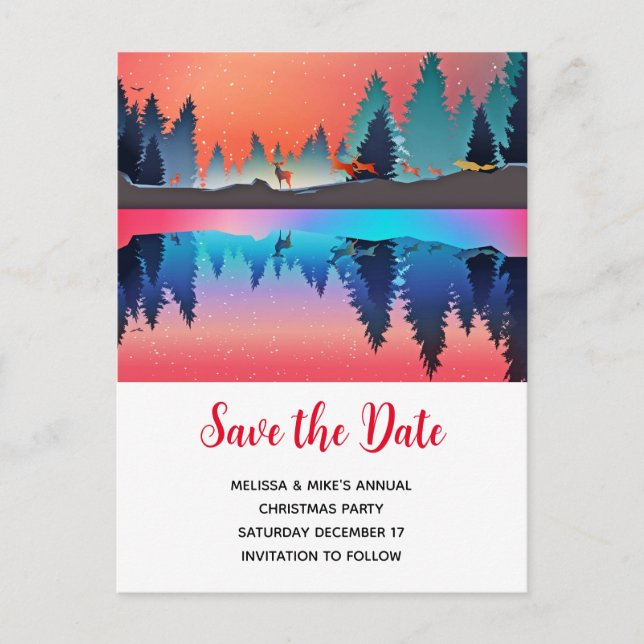Scenic Winter Lake with Deer Xmas Save the Date Invitation Postcard (Front)