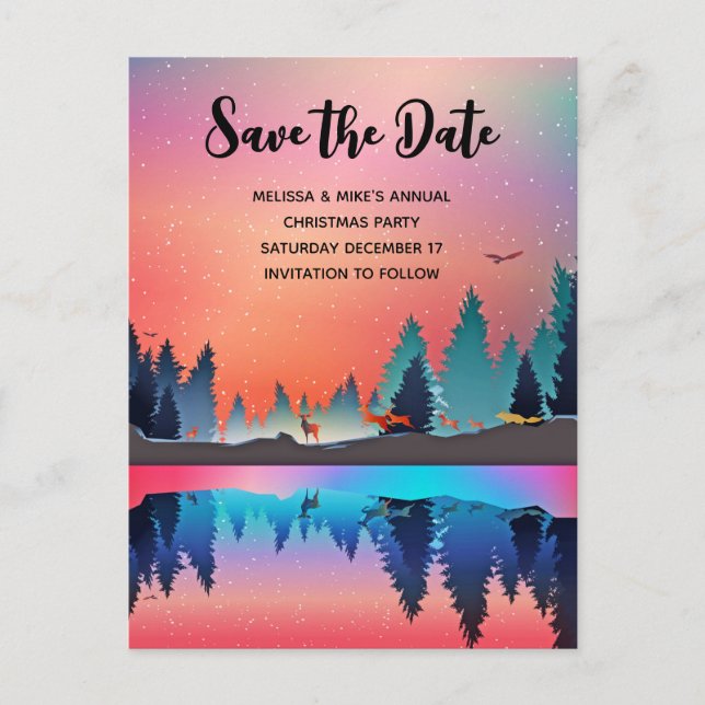 Scenic Winter Lake with Deer Xmas Save the Date Invitation Postcard (Front)