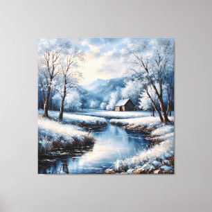 Scenic Winter Landscape Featuring Cabin and Stream Canvas Print