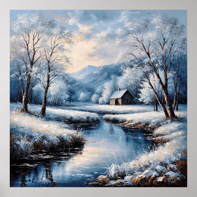 Scenic Winter Landscape Featuring Cabin and Stream Poster (Front)