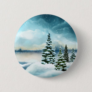 Scenic Winter Wonderland Watercolor Painting 2 Inch Round Button