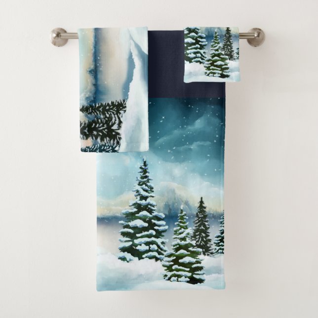 Scenic Winter Wonderland Watercolor Painting Bath Towel Set (Insitu)