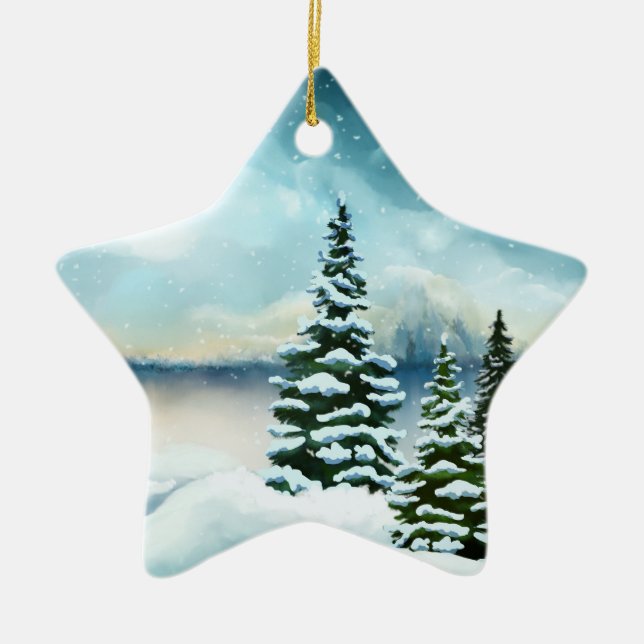 Scenic Winter Wonderland Watercolor Painting Ceramic Ornament (Front)