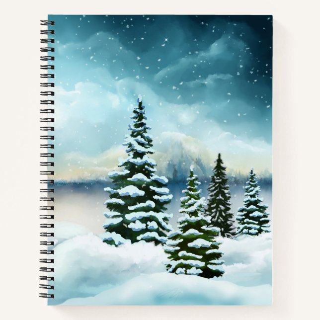 Scenic Winter Wonderland Watercolor Painting Notebook (Front)