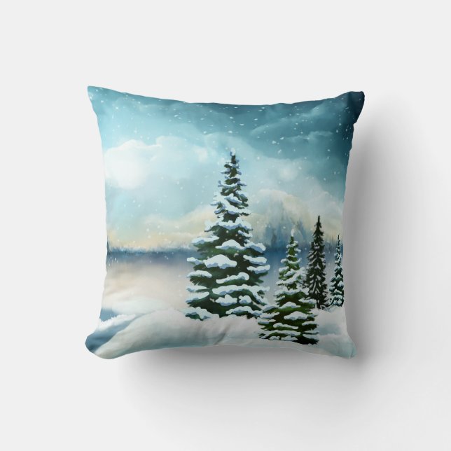 Scenic Winter Wonderland Watercolor Painting Throw Pillow (Front)