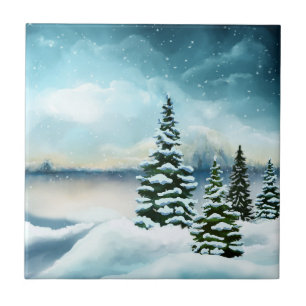 Scenic Winter Wonderland Watercolor Painting Tile