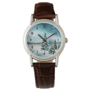 Scenic Winter Wonderland Watercolor Painting Watch