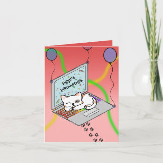 Schattige kat op laptop met slingers verjaardags holiday card