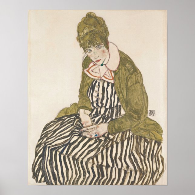 Schiele - Edith With Striped Dress Sitting Poster (Front)