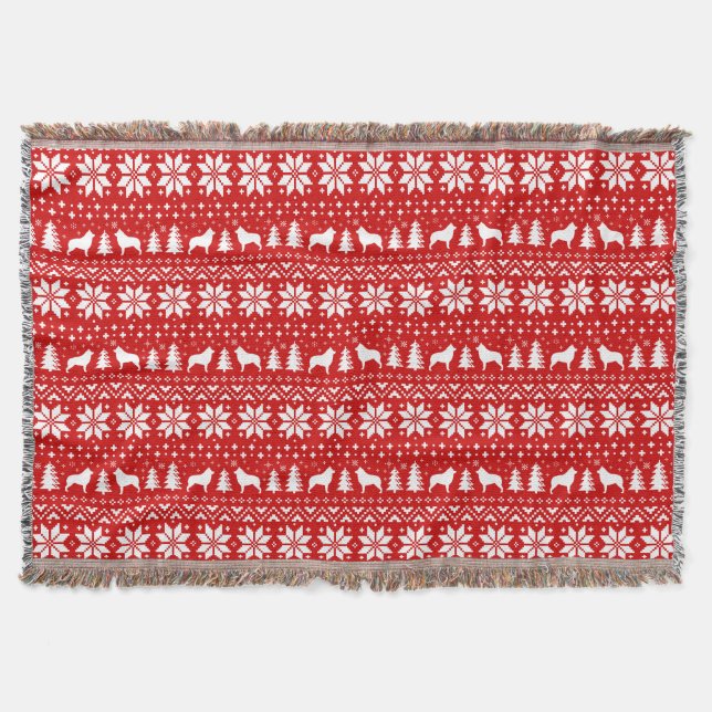 Schipperke Dog Silhouettes Christmas Pattern Red Throw Blanket (Front)